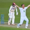 Hampshire's Kyle Abbott  appeals unsuccessfully for the wicket of Lewis Goldsworthy. Photo by Dan Mullan/Getty Images.