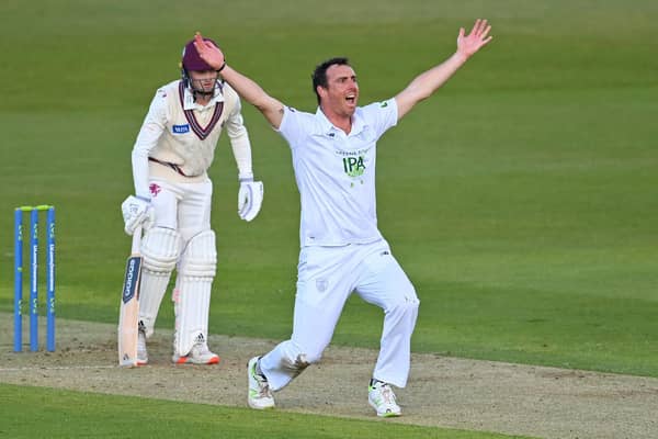 Hampshire's Kyle Abbott  appeals unsuccessfully for the wicket of Lewis Goldsworthy. Photo by Dan Mullan/Getty Images.