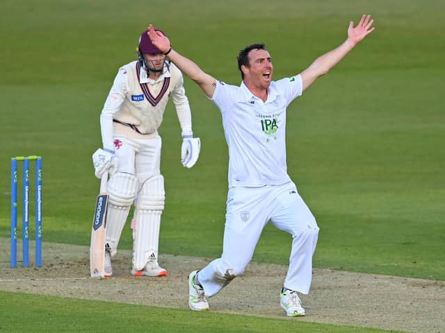 Hampshire's Kyle Abbott  appeals unsuccessfully for the wicket of Lewis Goldsworthy. Photo by Dan Mullan/Getty Images.