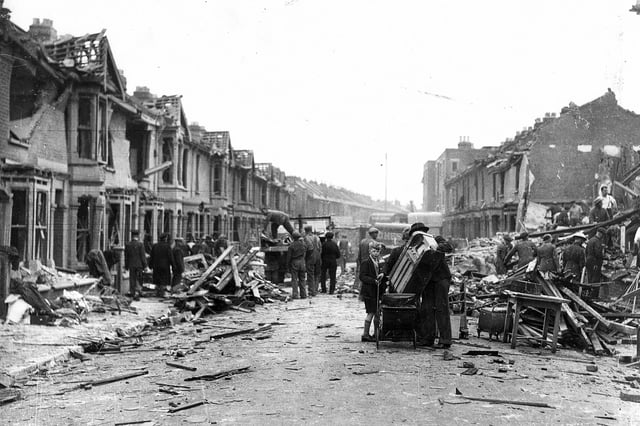 Newcomen Road, Stamshaw, Portsmouth after a flying bomb fell on July 15, 1944, the last bomb to fall on Portsmouth. Picture: The News Portsmouth