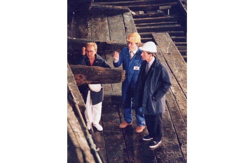 Prince Charles, on board the Mary Rose with Margaret Rule in 1992. He was the first member of the Royal Family to set foot on the ship since Henry VIII.
