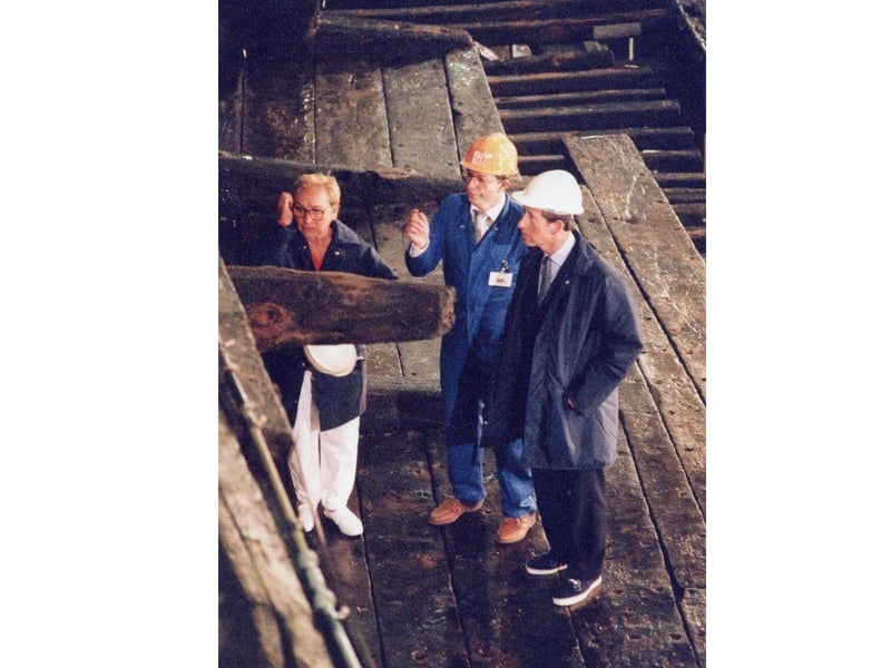 Prince Charles, on board the Mary Rose with Margaret Rule in 1992. He was the first member of the Royal Family to set foot on the ship since Henry VIII.