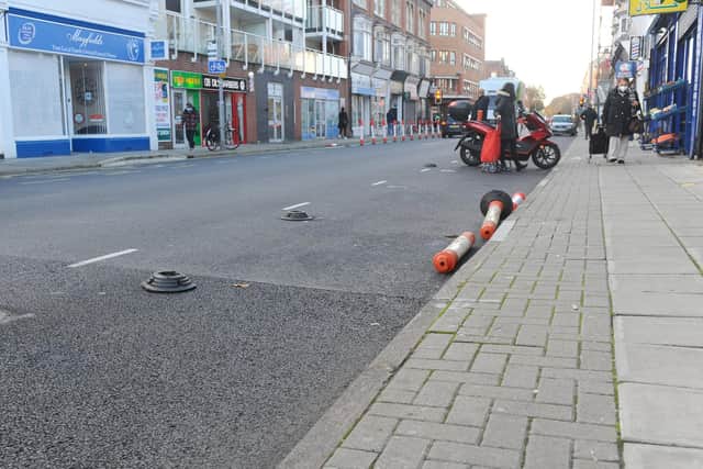 Damage to the temporary bike lane in Elm Grove.
Picture: Sarah Standing (051120-7887)
