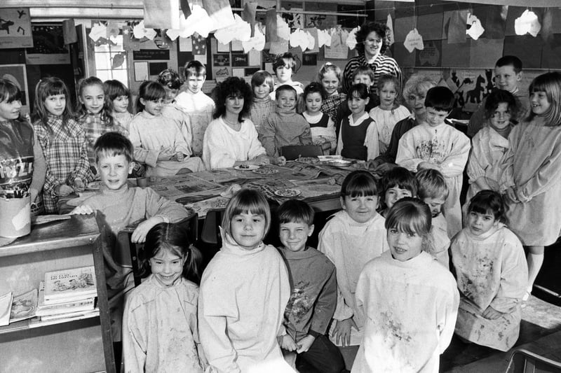 Mrs Jean Rhodes, Mrs Gwen Newton and the proud pupils of Westover First School. who have worked hard on their Australian Bicentenary project, 1987. The News PP5472