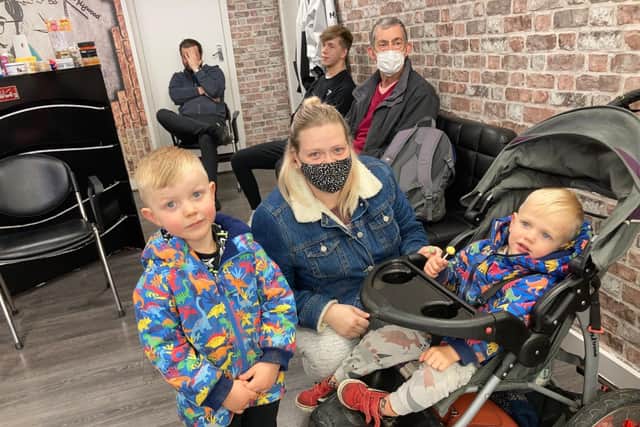 Oli Ellis, four, with mum Jenni Ellis, and brother Matty, two, from Fareham in Ramze The Good Barber. Picture: Kimberley Barber