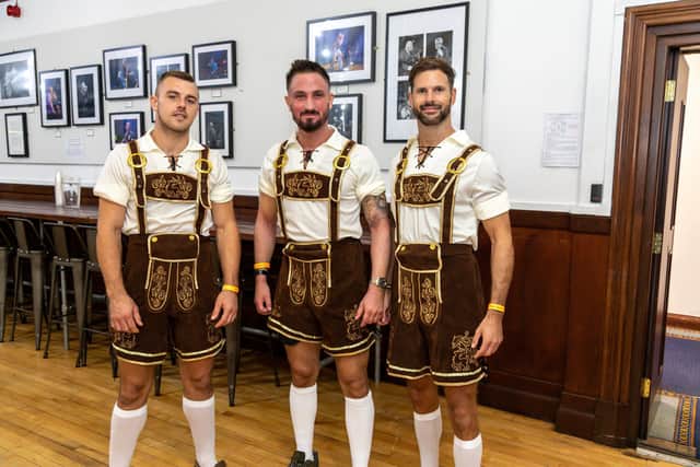 Gym friends swap lycra for lederhosen for the Oktoberfest. Pictured: Liam Sealby 27, Danny Barrett 34 and Matt crouch 38. Picture: Mike Cooter (240922)
