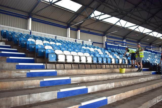 Work has commenced on the removal of seats from the North Stand upper. Picture: Portsmouth FC