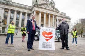 Launch of this the 2020 Comfort and Joy campaign. Pictured: Lord Mayor, Rob Wood and Father Bob White with Hive team, Sandie Davis, Katy Walsh and Caroline Haworthat the Portsmouth Guildhall Walk on 26 November 2020. Picture: Habibur Rahman