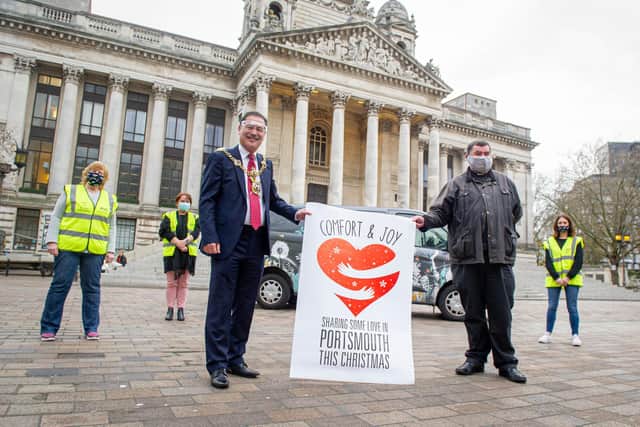 Launch of this the 2020 Comfort and Joy campaign. Pictured: Lord Mayor, Rob Wood and Father Bob White with Hive team, Sandie Davis, Katy Walsh and Caroline Haworthat the Portsmouth Guildhall Walk on 26 November 2020. Picture: Habibur Rahman