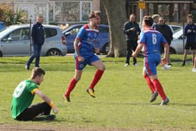 The Meon's James Cowan celebrates one of his two goals against Southsea United. Picture by Kevin Shipp