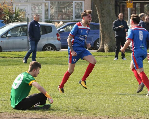 The Meon's James Cowan celebrates one of his two goals against Southsea United. Picture by Kevin Shipp