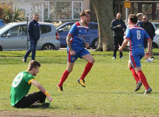 The Meon's James Cowan celebrates one of his two goals against Southsea United. Picture by Kevin Shipp