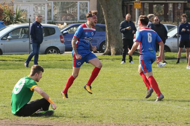 The Meon's James Cowan celebrates one of his two goals against Southsea United. Picture by Kevin Shipp
