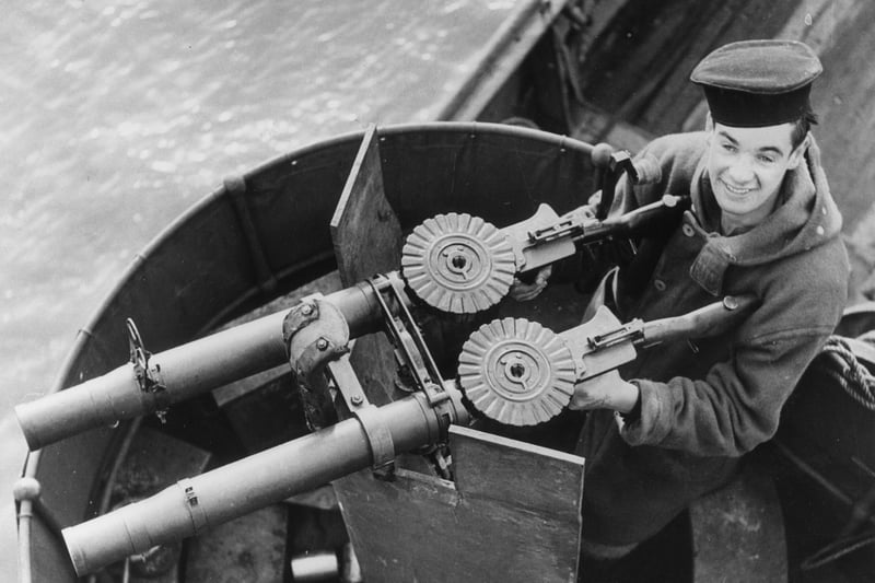 3rd March 1942:  A rear-gunner at his position on board a British minesweeper.  (Photo by Eric Harlow/Keystone/Getty Images)