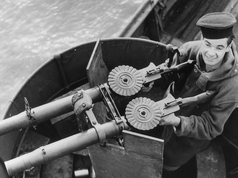 3rd March 1942:  A rear-gunner at his position on board a British minesweeper.  (Photo by Eric Harlow/Keystone/Getty Images)