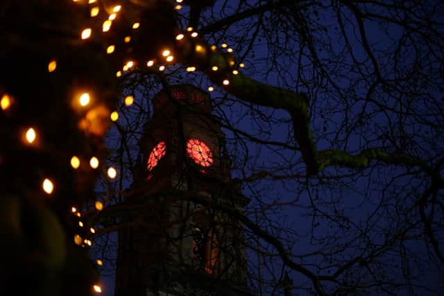 Portsmouth Guildhall clock tower has been lit up to commemorate the anniversary of the worst Blitz raid on Portsmouth in 1941. Picture: Portsmouth City Council