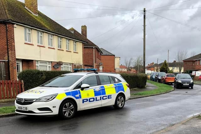 Police in Harwood Road, in Bridgemary, Gosport, after an incident on February 1 2020. A police car is pictured in the street on February 2. Picture: Millie Salkeld