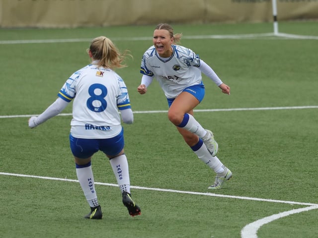 Hawks' Sarah Butterworth celebrates after putting her team 3-1 ahead. Picture: Dave Haines