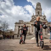 The e-scooter rental trial is going to launch in Portsmouth.

Pictured: Voi scooter team, Jon Hamer, Maria Sassetti and Nikolina Kotur on the e-scooters at Portsmouth Guildhall walk on 15 March 2021.
Picture: Habibur Rahman