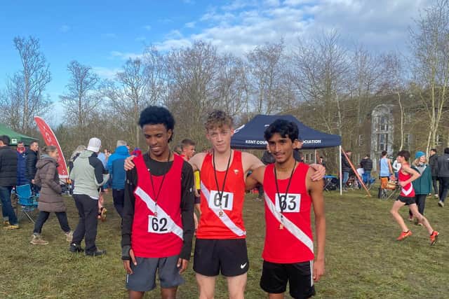 Intermediate boys podium. #61 Oakley Knipe 1st, #62 Hezbawi Tekeste 2nd, #63 Nirajkrishna Manokumar 3rd.