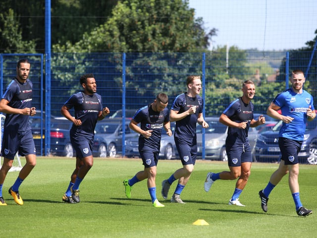 Pompey train at their training ground under Kenny Jackett in June 2018. Christian Burgess; Nathan Thompson; Conor Chaplin; Ronan Curtis; Lee Brown and physio Jack Hughes. Picture: Habibur Rahman