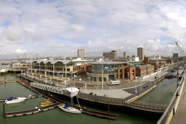 27th March 2001. A panoramic view of the commercial development of the former HMS Vernon site at Old Portsmouth, showing the yacht berths and Vernon Pool (right) and splendid visibility of Portsmouth Harbour (left). The picture was taken from the penthouse level at the very northern corner of Blake House in the residential area at Gunwharf Quays. Picture: Michael Scaddan