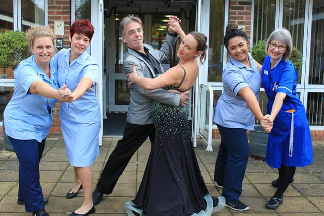 From left, Jayne Trace, Stacey Easterwood, professional dance teachers David from Keal School of Dancing and Beverly from Scarlett Rose School of Dancing, Meri Sabadera and Mary Barker.