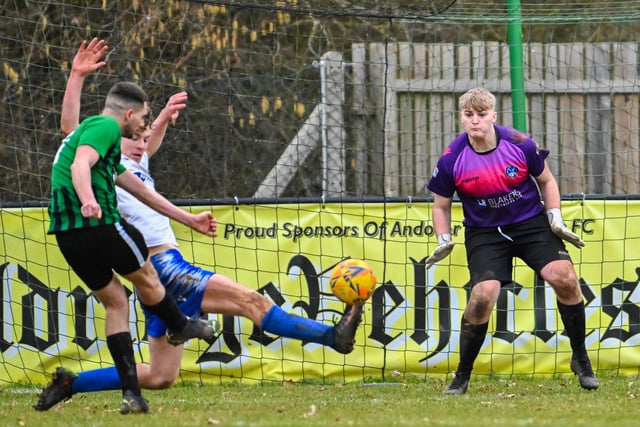 Andover fire in a shot at Clanfield keeper Ash Wright. Picture by Richard Murray