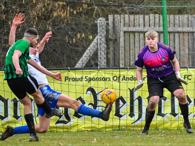 Andover fire in a shot at Clanfield keeper Ash Wright. Picture by Richard Murray