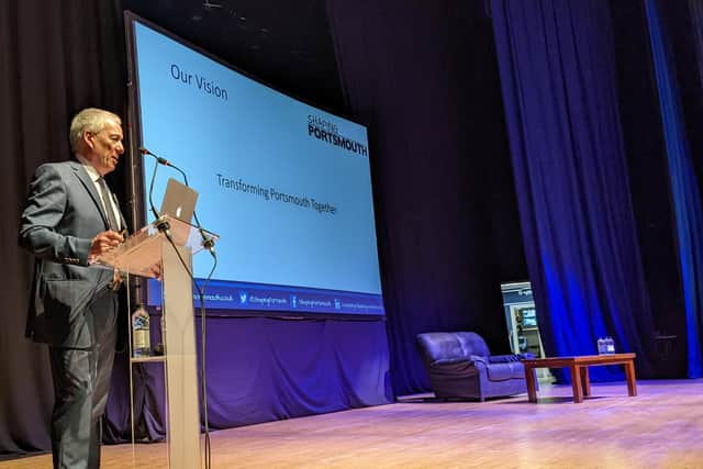 Shaping Portsmouth CEO Stef Nienaltowski takes to the stage at this year's annual conference. Businesses are today being urged to sign up to the 2023 event at The Guildhall in Portsmouth on Friday, January 27. Picture: Shaping Portsmouth