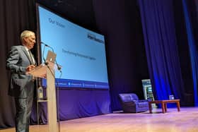 Shaping Portsmouth CEO Stef Nienaltowski takes to the stage at this year's annual conference. Businesses are today being urged to sign up to the 2023 event at The Guildhall in Portsmouth on Friday, January 27. Picture: Shaping Portsmouth