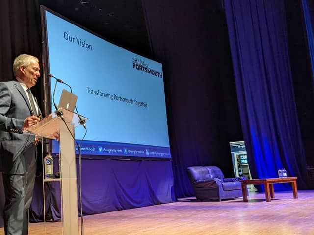 Shaping Portsmouth CEO Stef Nienaltowski takes to the stage at this year's annual conference. Businesses are today being urged to sign up to the 2023 event at The Guildhall in Portsmouth on Friday, January 27. Picture: Shaping Portsmouth