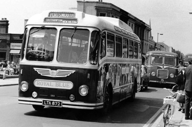 A Royal Blue coach in West Street, Fareham June 1, 1966, when it was the A27. It shows a 32-year-old Provincial single decker in the background. The Royal Blue coach is en route to Portsmouth from Bournemouth via Southampton and New Milton on the famous South Coast Express service. Picture: Fred York