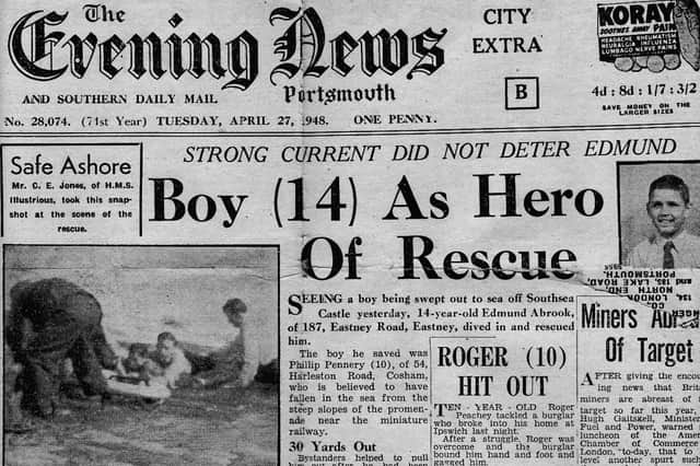 The Evening News front page story in 1948 telling how Edmund Abrook saved Phillip Pennery.