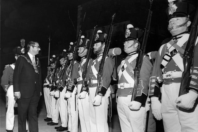 Fort Cumberland guards at attention for the Lord Mayor of Portsmouth Richard Sotnick, 1979. The News PP4720