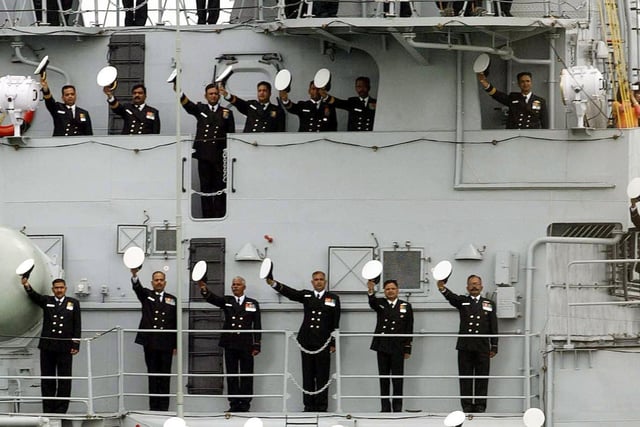 The crew of Indian ship the INS Mumbai salute as HMS Endurance, carrying Britain's Queen Elizabeth II, passes during the International Fleet Review at Spithead, off Portsmouth, Tuesday June 28, 2005. A total of 167 ships from the Royal Navy and 35 nations are taking part in the International Fleet Review at Spithead, off Portsmouth, as part of the Trafalgar 200 celebrations this week. See PA Story SEA Trafalgar. PRESS ASSOCIATION Photo. Photo credit should read: Gareth Fuller/PA