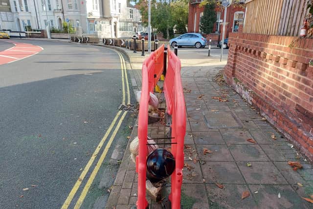 The damaged bollards outside Rainbow Corner Nursery School in Southsea picturerd on November 1, 2021. Picture: Fiona Callingham
