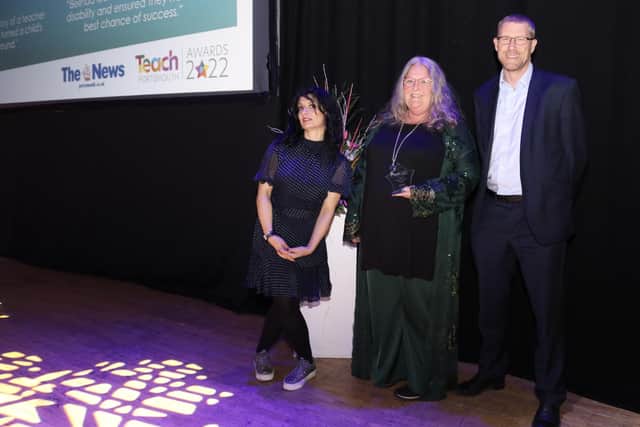 The Teach Portsmouth Awards 2022, from left host Shaparak Khorsandi, joint winner Dee Lent and Mark Waldron - editor of The News
