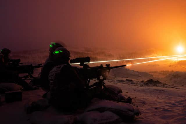Pictured: Royal Marines from 45 Commando XRAY Company FSG (Fire Support Group) and members of ASG (Armoured Support Group) fire heavy weapons in Norway 2021. Photo: LPhot James Clarke