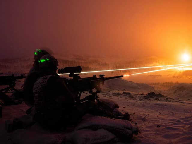 Pictured: Royal Marines from 45 Commando XRAY Company FSG (Fire Support Group) and members of ASG (Armoured Support Group) fire heavy weapons in Norway 2021. Photo: LPhot James Clarke