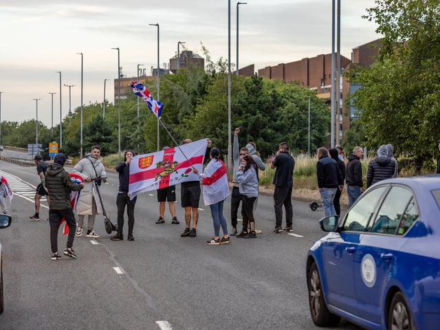 The M275 is brought to a standstill by anti-immigration protesters. Picture: Mike Cooter (070824)
