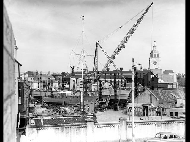 The Fast Patrol Boat HMS Bold Pathfinder on the slip at Vosper's Broad St Yard Old Portsmouth on 28 August 1952. This ship was the Company's first gas turbine powered vessel being fitted with twin Metro-Vickers G2 Gas turbines and twin Mercedes Benz diesels taken from a captured German E Boat for crusing. This installation was an early example of the combined diesel or gas turbine machinery fit now common in modern warships. Picture: Courtesy of Mark Barrett