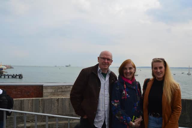 From left, Richard MacGillivray, Marjorie MacGillivray and Cat Houston, with HMS Queen Elizabeth in the background.

Picture: David George
