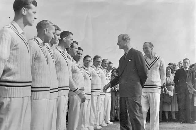 The Duke of Edinburgh is introduced to the Hampshire team at Canterbury in 1949. Pic: Dave Allen collection.