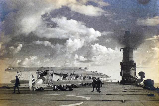 Swordfish aircraft are lined up on Ark Royals flight deck during her spring cruise in 1939. Note the arrestor cables which pilots had to use great skill to hook on to come to a halt when landing.
Picture: Courtesy of Tim King