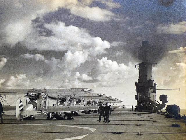 Swordfish aircraft are lined up on Ark Royals flight deck during her spring cruise in 1939. Note the arrestor cables which pilots had to use great skill to hook on to come to a halt when landing.
Picture: Courtesy of Tim King