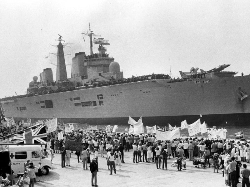 Entering the harbour is HMS Invincible getting a warm welcome back from the Falklands in 1982. The News PP4870