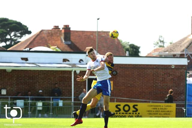 Former Pompey defender Matt Casey in action for Gosport during their friendly with Lymington at Privett Park. Pic: Tom Phillips