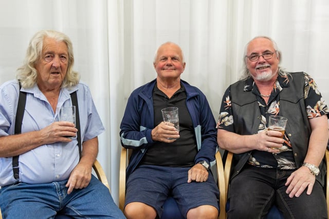 Pictured: Old pals Trevor Brown (70), Phil Terrill (65) and Larry Silk (65) visiting the Portchester Charity Beer Festival. 
Picture: Mike Cooter (220723)