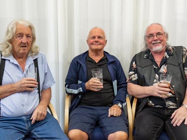 Pictured: Old pals Trevor Brown (70), Phil Terrill (65) and Larry Silk (65) visiting the Portchester Charity Beer Festival.
Picture: Mike Cooter (220723)